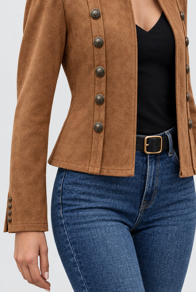 Veste courte militaire en suédine à boutons — Cognac — détail