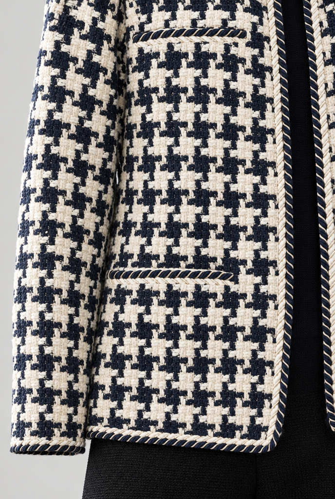 Veste sans col pied-de-poule effet tweed — Pied-de-poule marine — détail