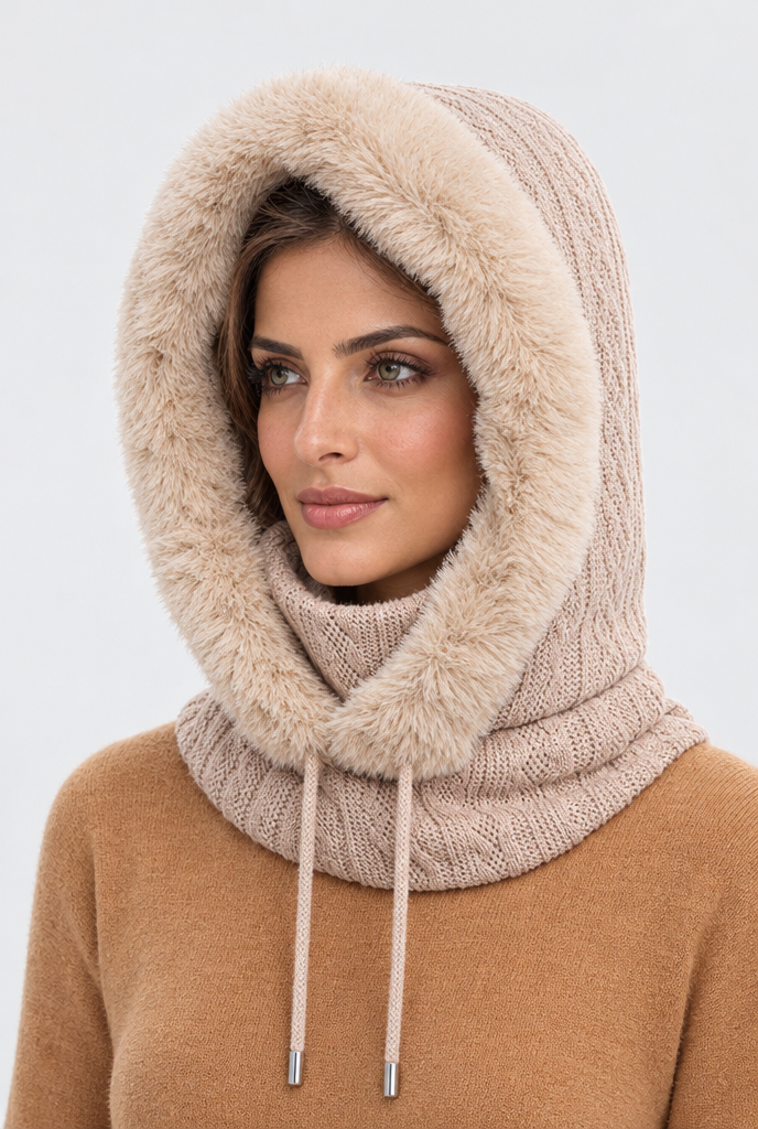 Capuche en maille bordée de fausse fourrure et tour de cou — Crème — photo principale