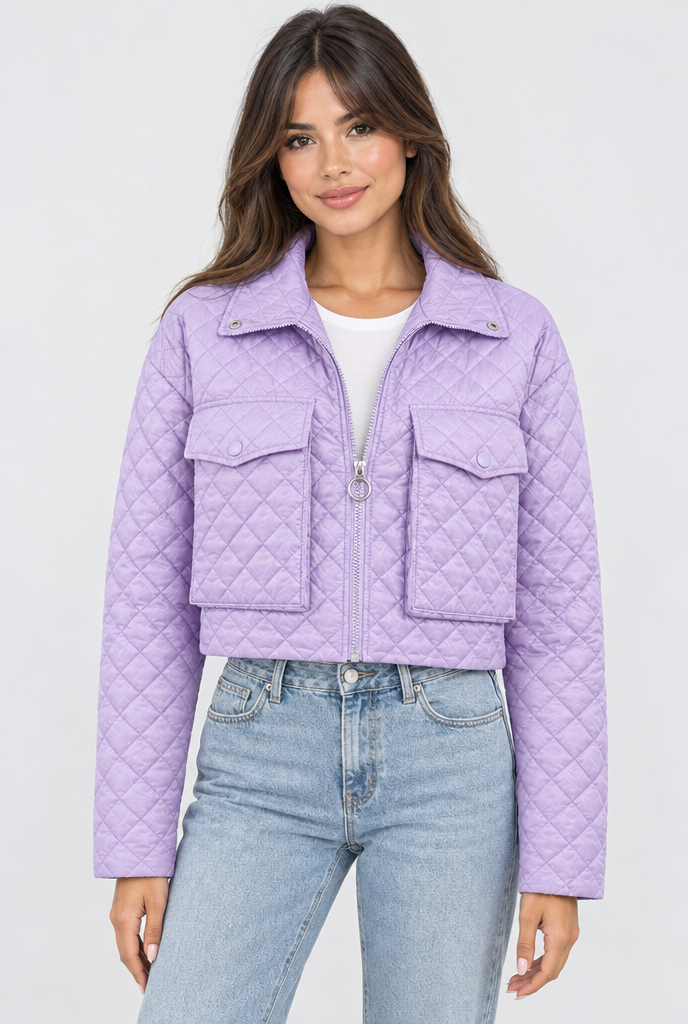 Veste courte matelassée losanges à poches rabat — Lavande — photo studio