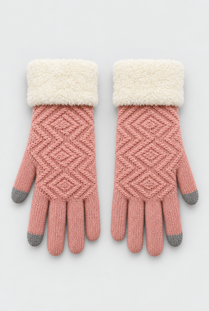 Gants en maille doublés, revers peluche et bouts tactiles — Rose poudré — packshot