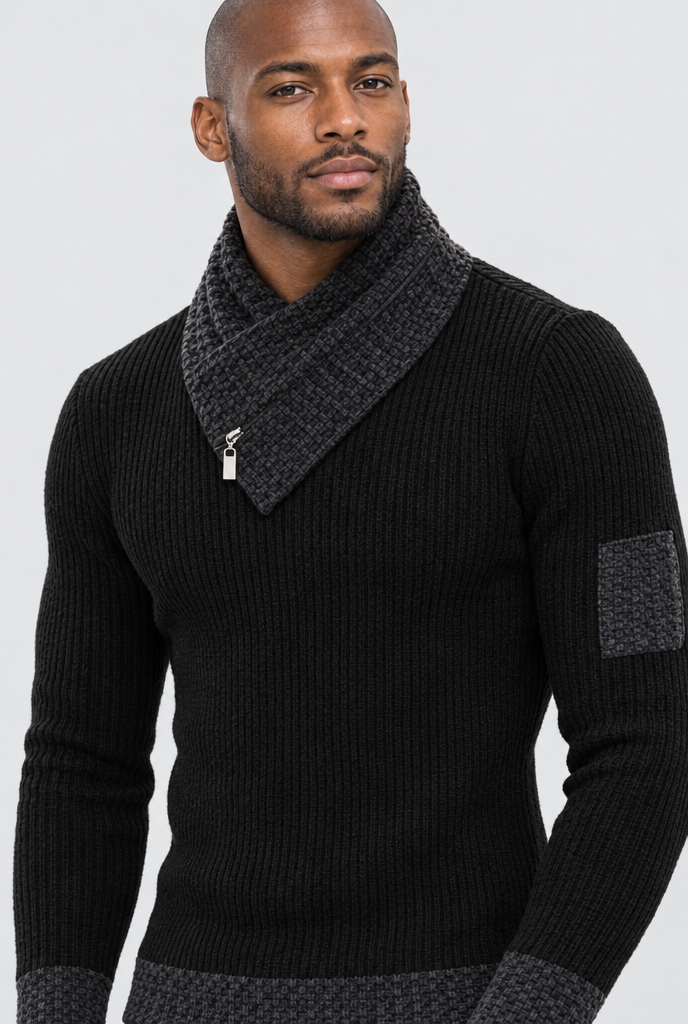 Pull côtelé à col écharpe — Noir — détail du col