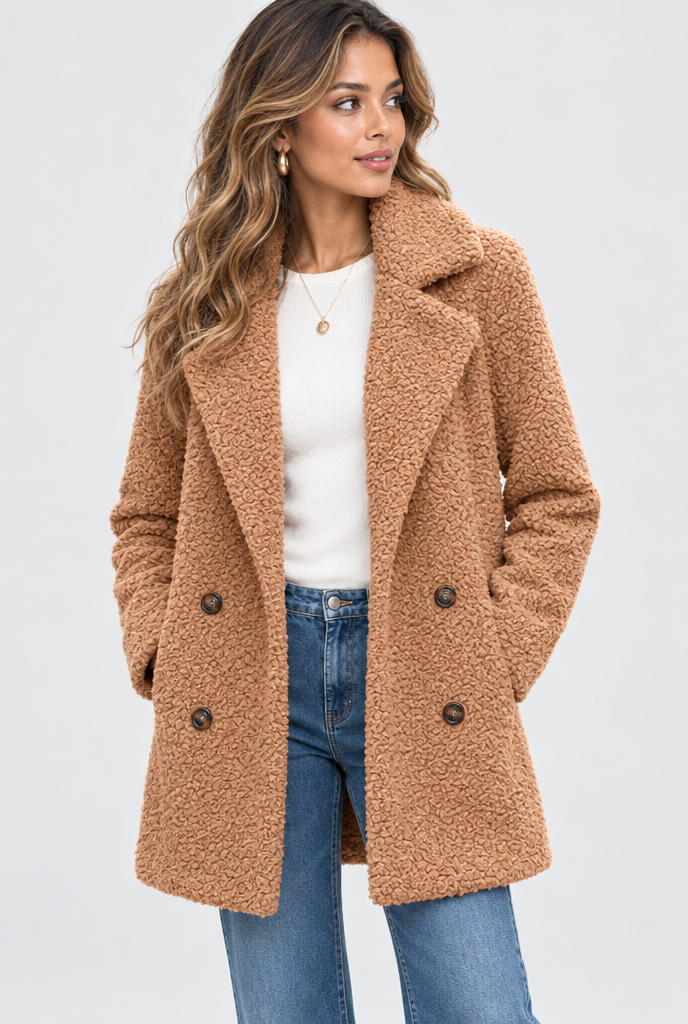Manteau croisé teddy à grands revers — Caramel au beurre — photo studio