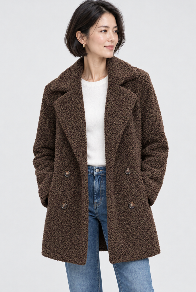 Manteau croisé teddy à grands revers — Chocolat — photo studio