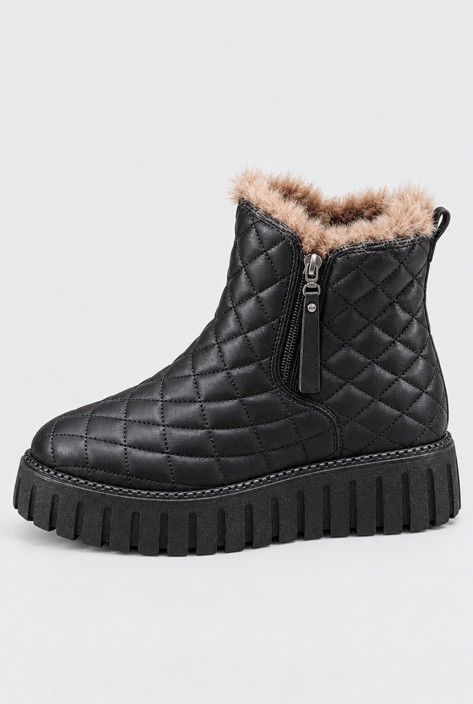 Bottines plateformes matelassées zippées doublées peluche — Noir — gros plan matière