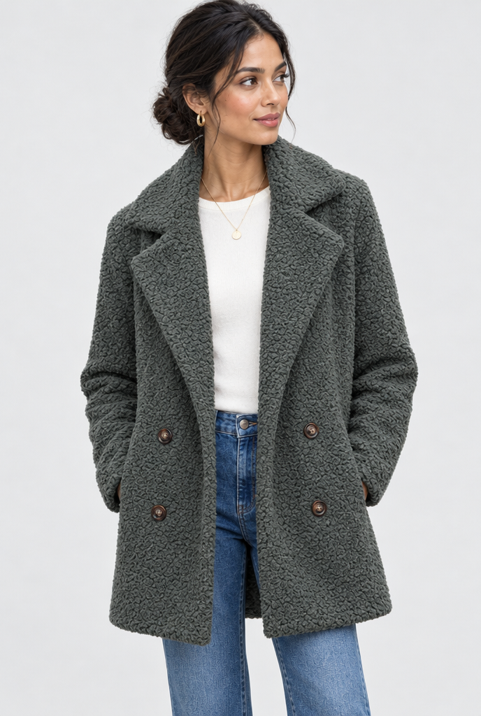 Manteau croisé teddy à grands revers — Gris ardoise — photo studio