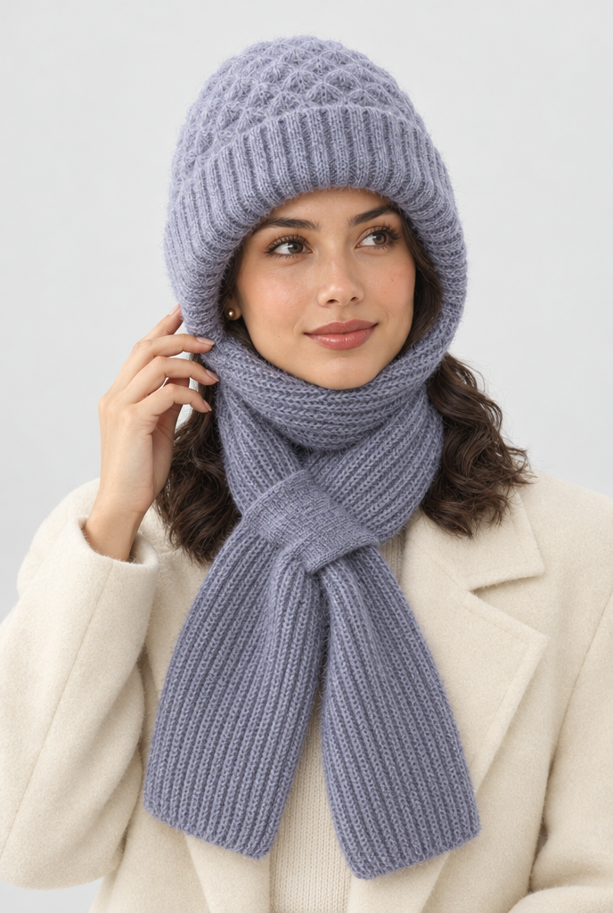 Bonnet capuche doublé polaire avec écharpe intégrée — Gris lavande — portée