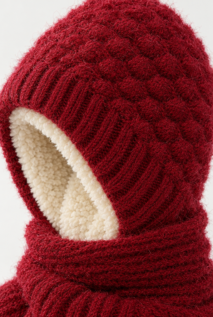Bonnet capuche doublé polaire avec écharpe intégrée — Lie-de-vin — gros plan matière