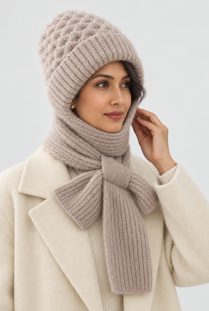 Bonnet capuche doublé polaire avec écharpe intégrée — Taupe — portée