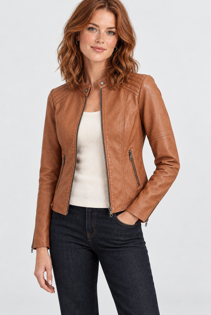 Blouson motard zippé col montant en simili cuir — Cognac — photo studio