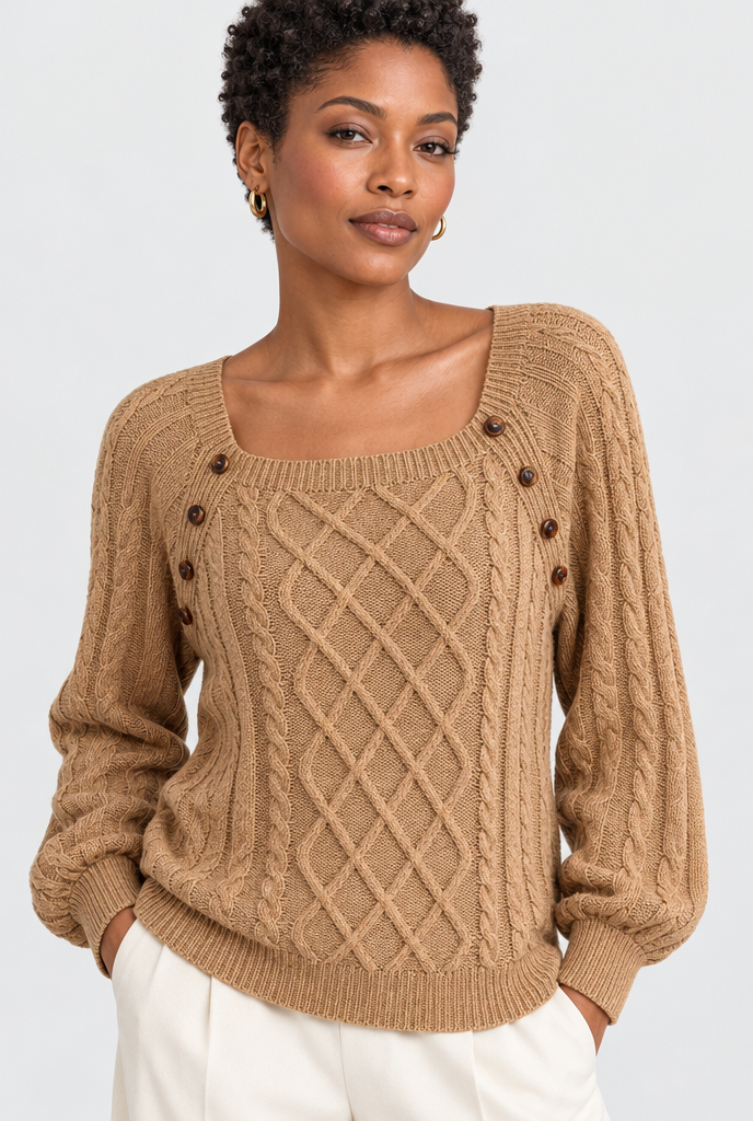Pull torsadé col carré à boutons — Camel — gros plan