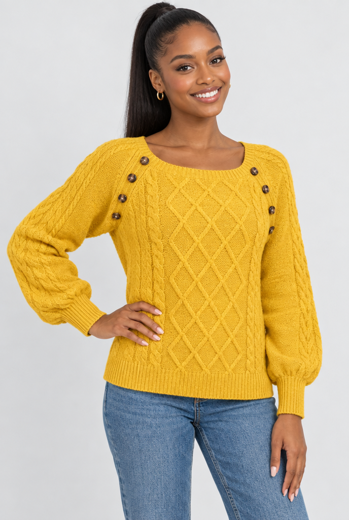 Pull torsadé col carré à boutons — Moutarde — photo studio