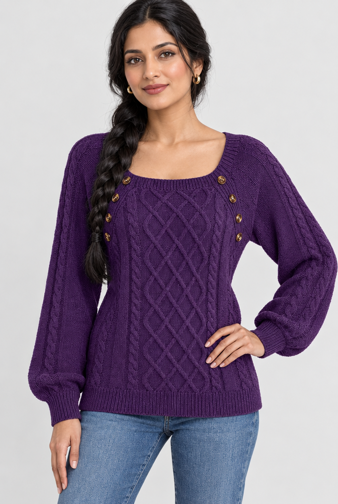 Pull torsadé col carré à boutons — Prune — photo studio