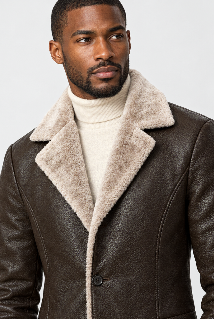 Manteau long en simili cuir à col peluche — Marron foncé — détail du col