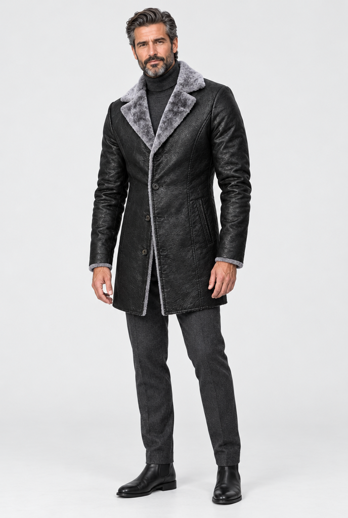 Manteau long en simili cuir à col peluche — Noir — silhouette complète