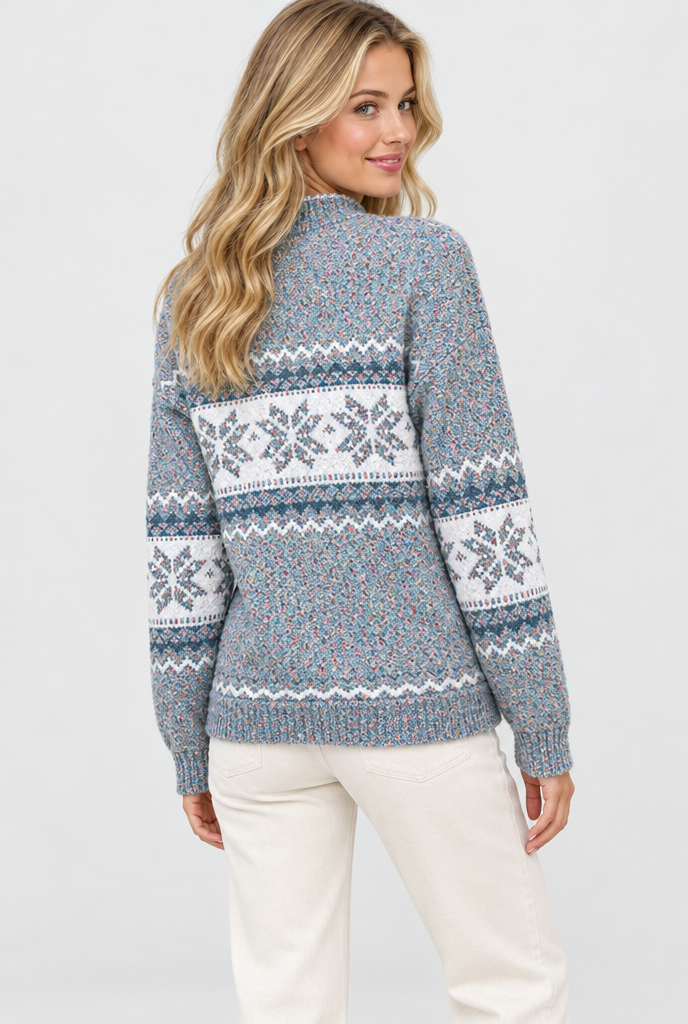 Pull col cheminée en jacquard flocons de neige — Gris chiné clair — vue de dos