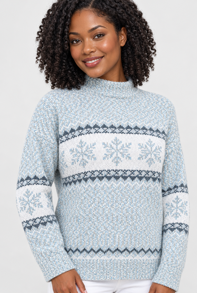 Pull col cheminée en jacquard flocons de neige — Bleu glacier — gros plan