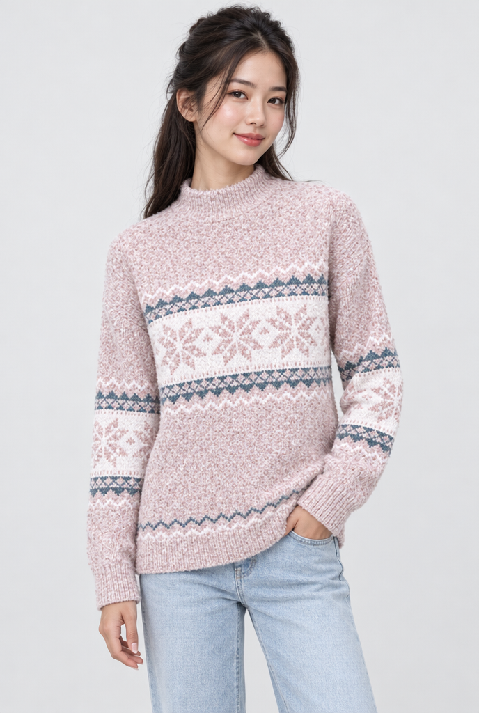 Pull col cheminée en jacquard flocons de neige — Rose poudré — studio