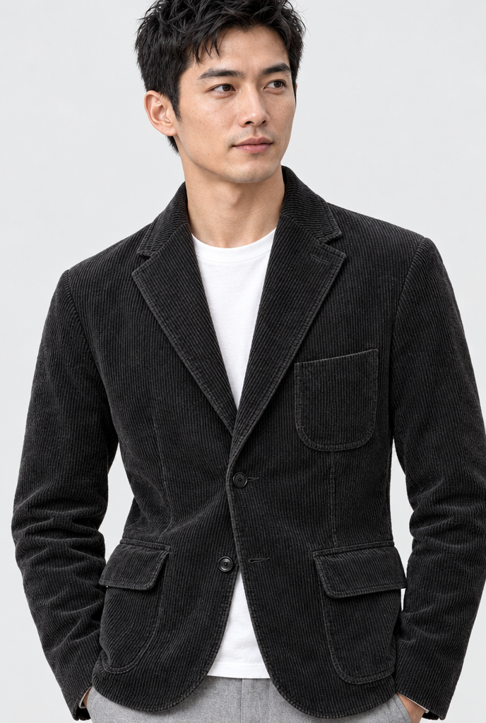 Blazer en velours côtelé — Noir — détail du col