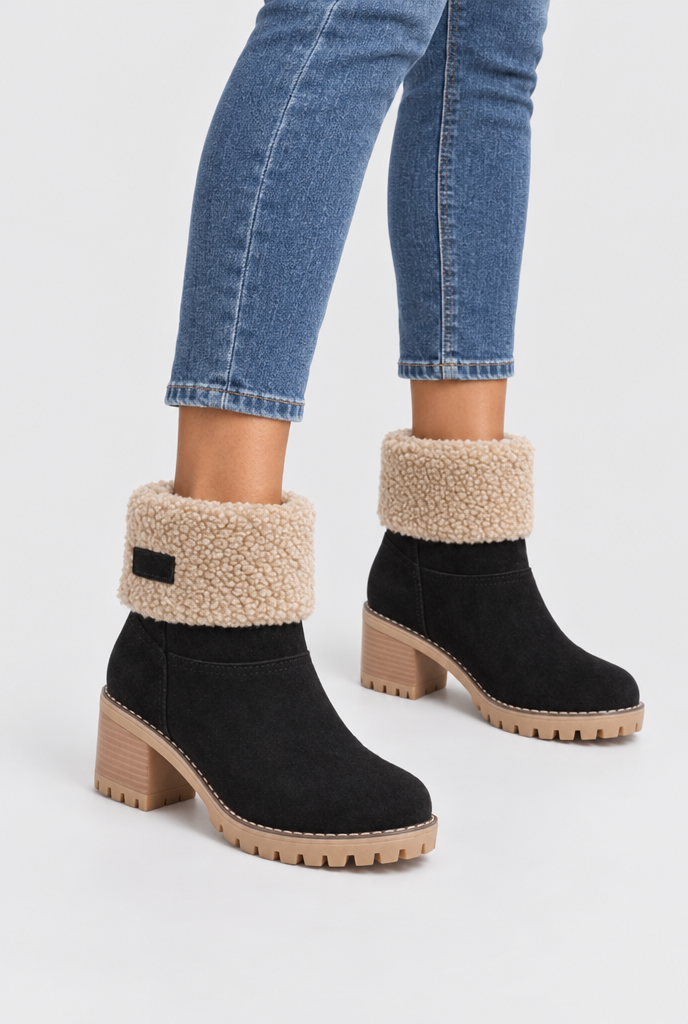 Bottines à talon bloc et revers façon sherpa — Noir