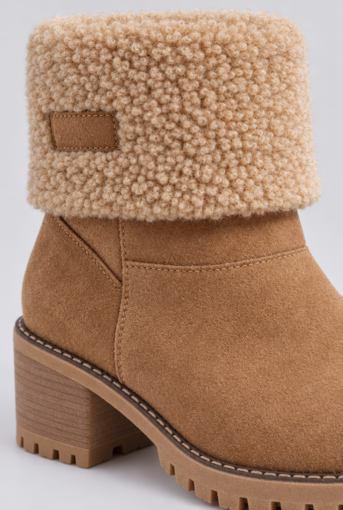 Bottines à talon bloc et revers façon sherpa — Camel — détail