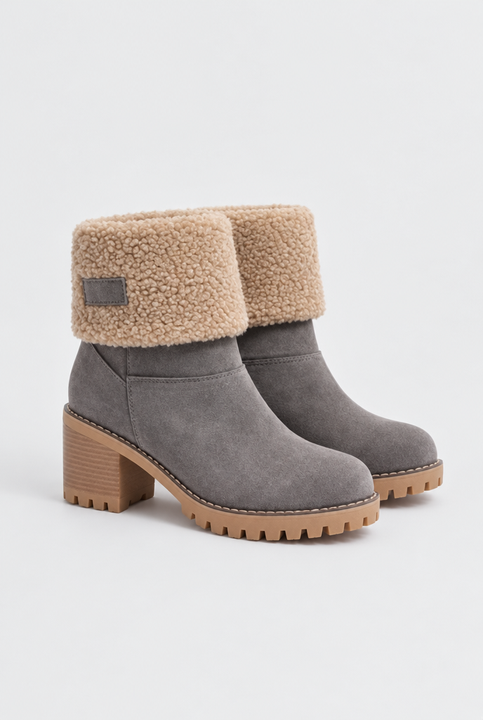 Bottines à talon bloc et revers façon sherpa — Gris pierre clair — packshot