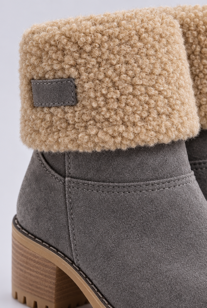 Bottines à talon bloc et revers façon sherpa — Gris pierre clair — détail