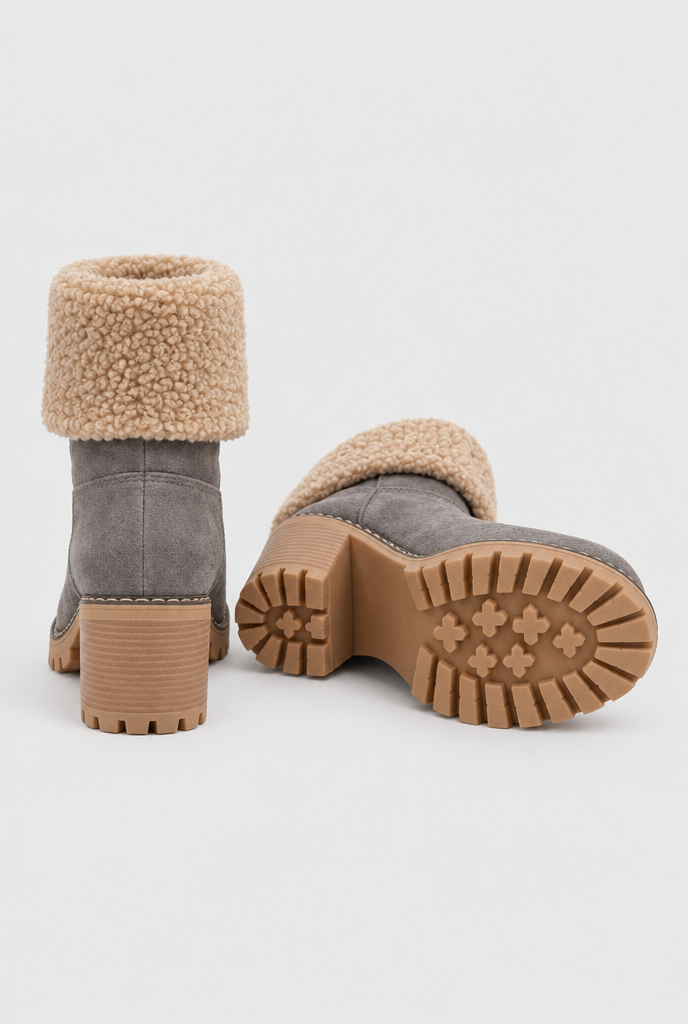 Bottines à talon bloc et revers façon sherpa — Gris pierre clair — talon et semelle