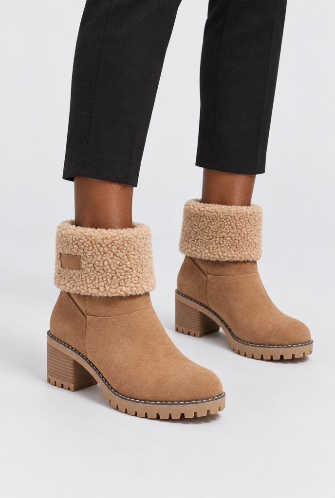 Bottines à talon bloc et revers façon sherpa — Camel