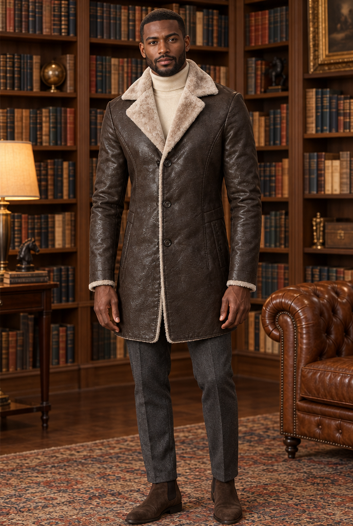 Manteau long en simili cuir à col peluche — Marron foncé — en situation