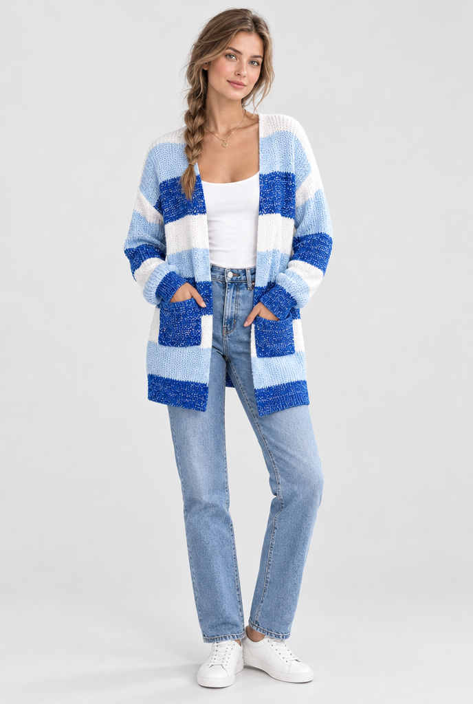 Gilet ouvert en maille à larges rayures colorées — Rayé bleu — silhouette complète