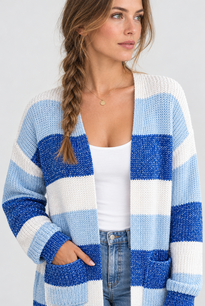 Gilet ouvert en maille à larges rayures colorées — Rayé bleu — détail du col