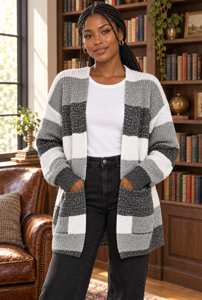 Gilet ouvert en maille à larges rayures colorées — Rayé anthracite — en situation