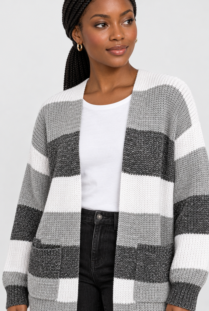 Gilet ouvert en maille à larges rayures colorées — Rayé anthracite — détail du col