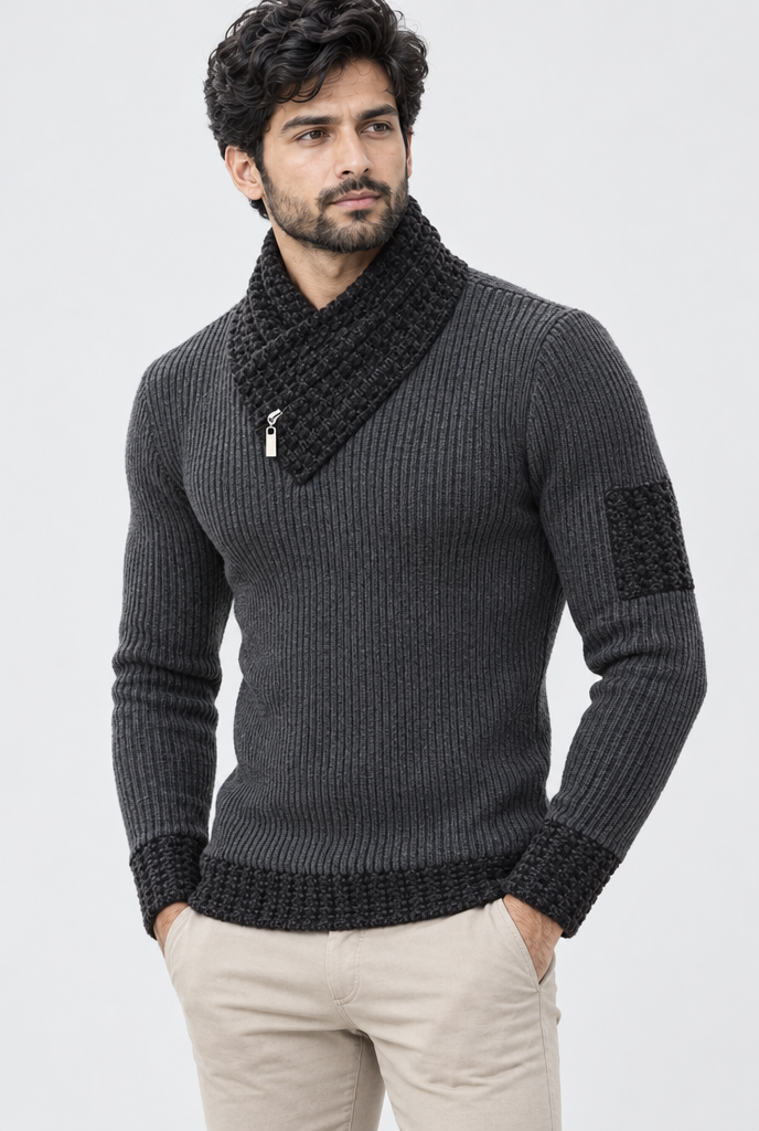 Pull côtelé à col écharpe — Anthracite — photo studio