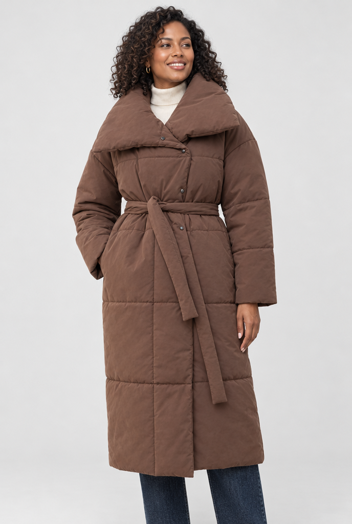 Doudoune longue oversize ceinturée à col châle — Moka — photo principale