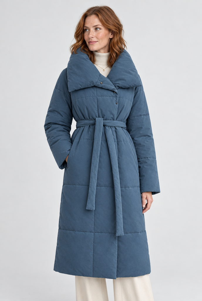 Doudoune longue oversize ceinturée à col châle — Bleu denim — photo principale