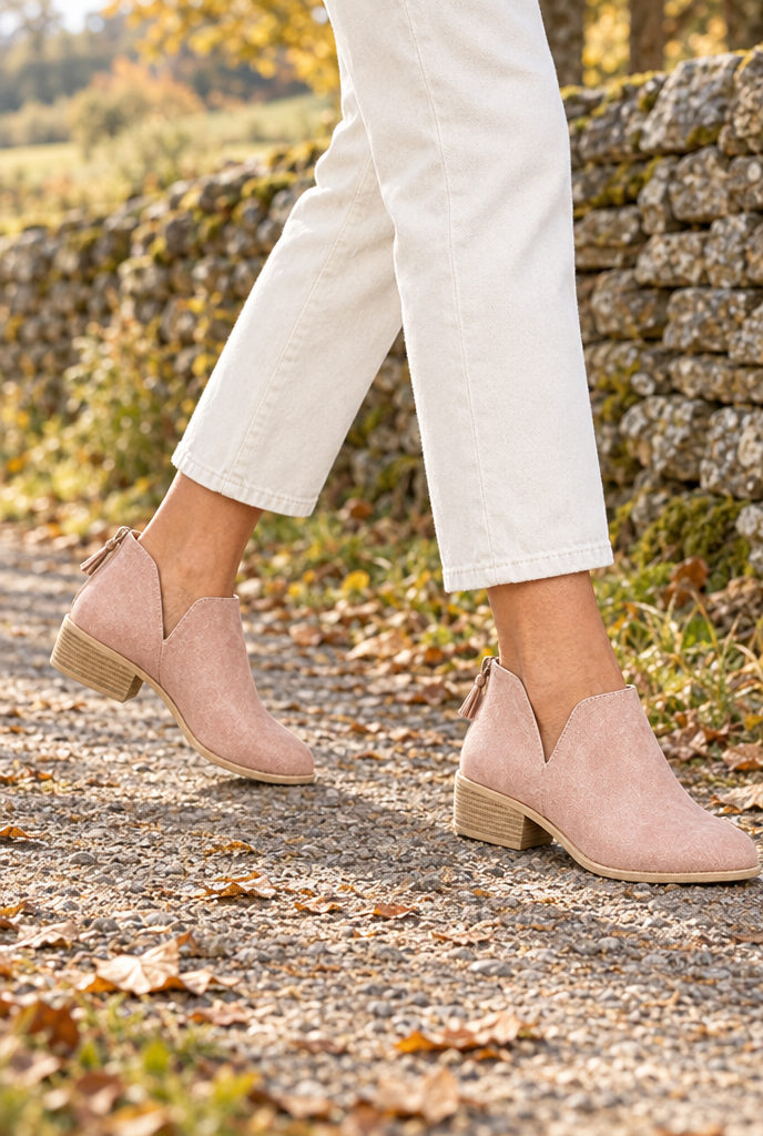 Bottines rétro en suédine à talon bloc — Rose blush — en situation