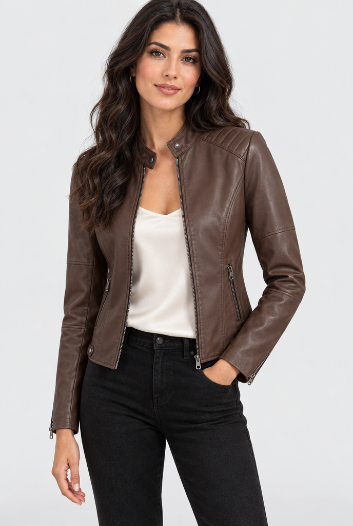 Blouson motard zippé col montant en simili cuir — Marron expresso — photo studio