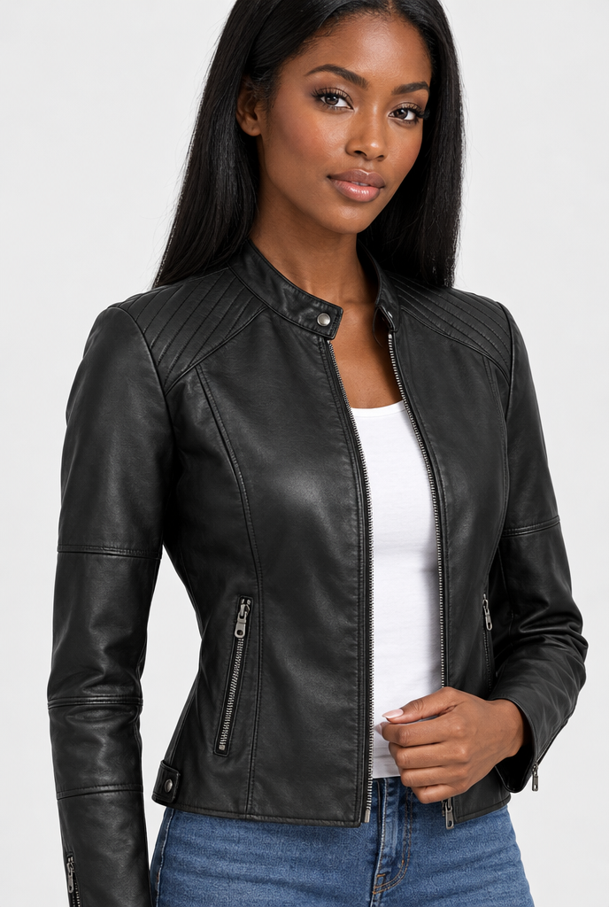 Blouson motard zippé col montant en simili cuir — Noir — détail du col