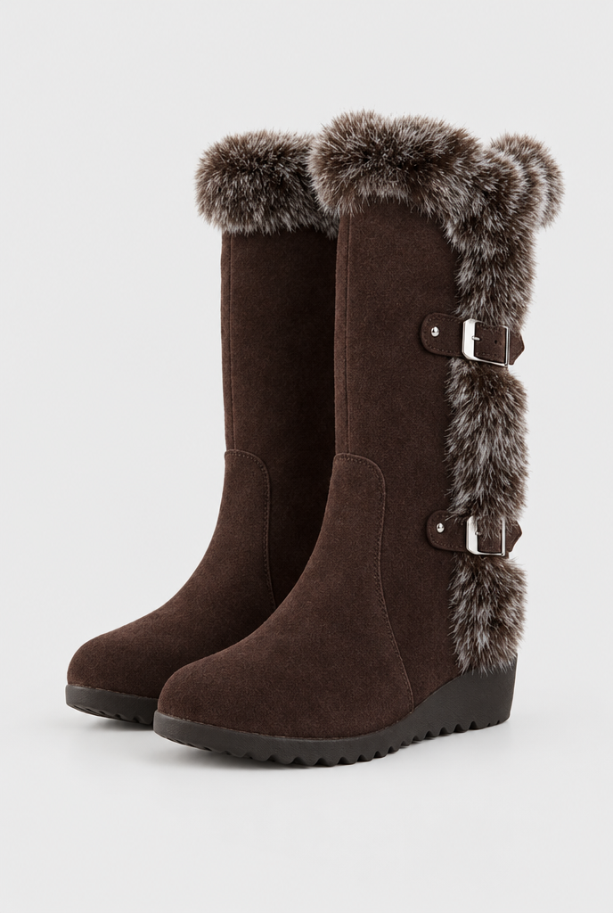 Bottes de neige compensées à boucles et fausse fourrure — Marron — packshot