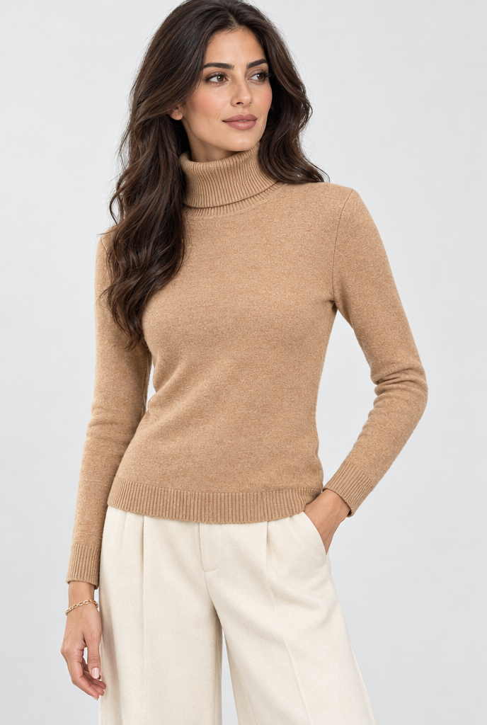 Pull col roulé doublé peluche — Camel — photo principale