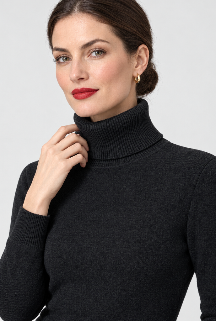 Pull col roulé doublé peluche — Noir — détail du col