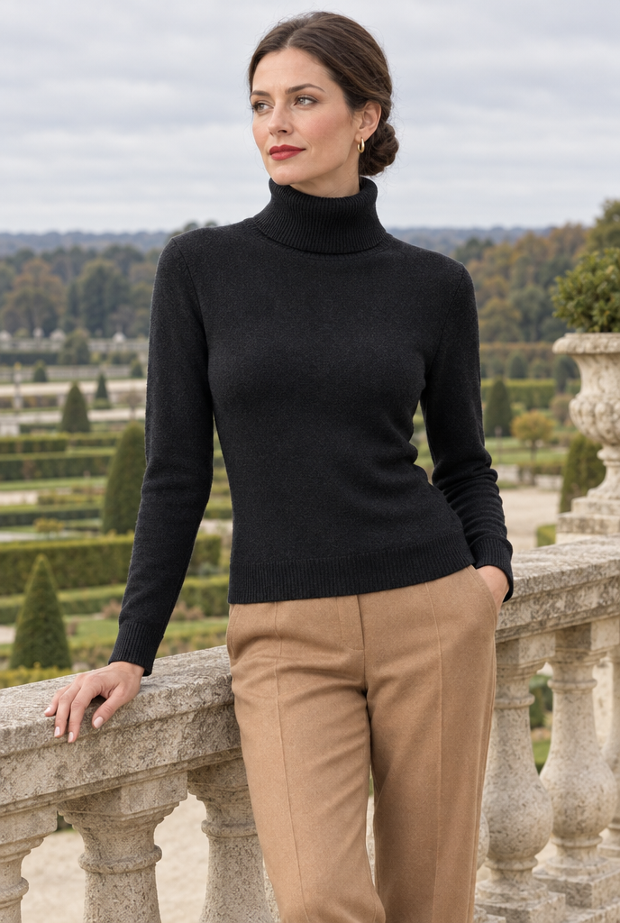Pull col roulé doublé peluche — Noir — en situation
