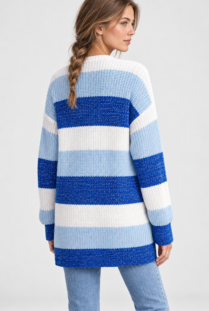 Gilet ouvert en maille à larges rayures colorées — Rayé bleu — vue de dos