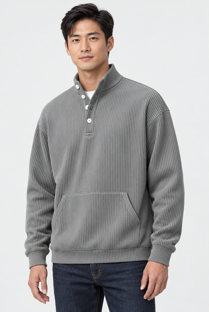 Sweat côtelé col montant boutonné — Gris — photo studio