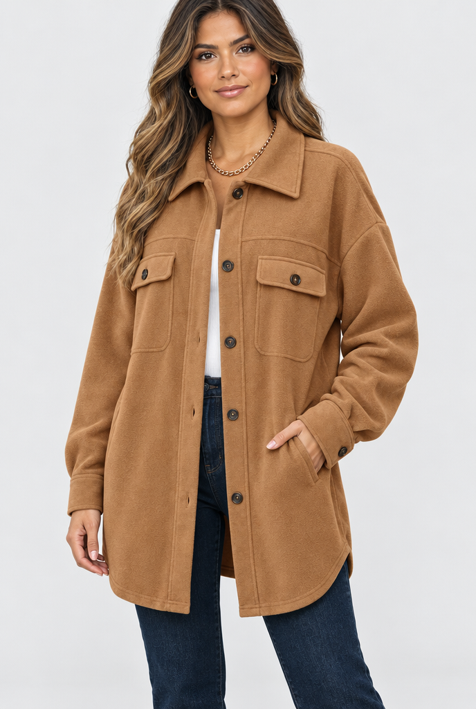 Surchemise oversize en polaire boutonnée — Caramel — photo studio
