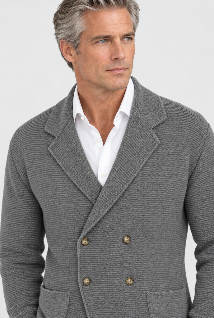 Blazer croisé en maille façon cardigan — Gris — détail du col