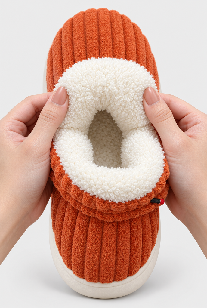 Burnt Orange ribbed plush bootie slippers, macro