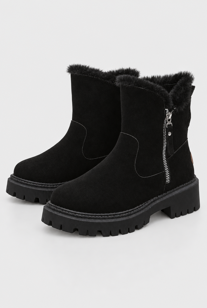 Bottines zippées en suédine doublées peluche — Noir — packshot